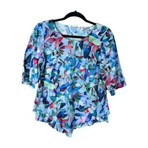 Soft Surroundings 'Siesta Key Tunic' 3/4 Sleeve Lettuce Hem Blue Blouse Size PXS